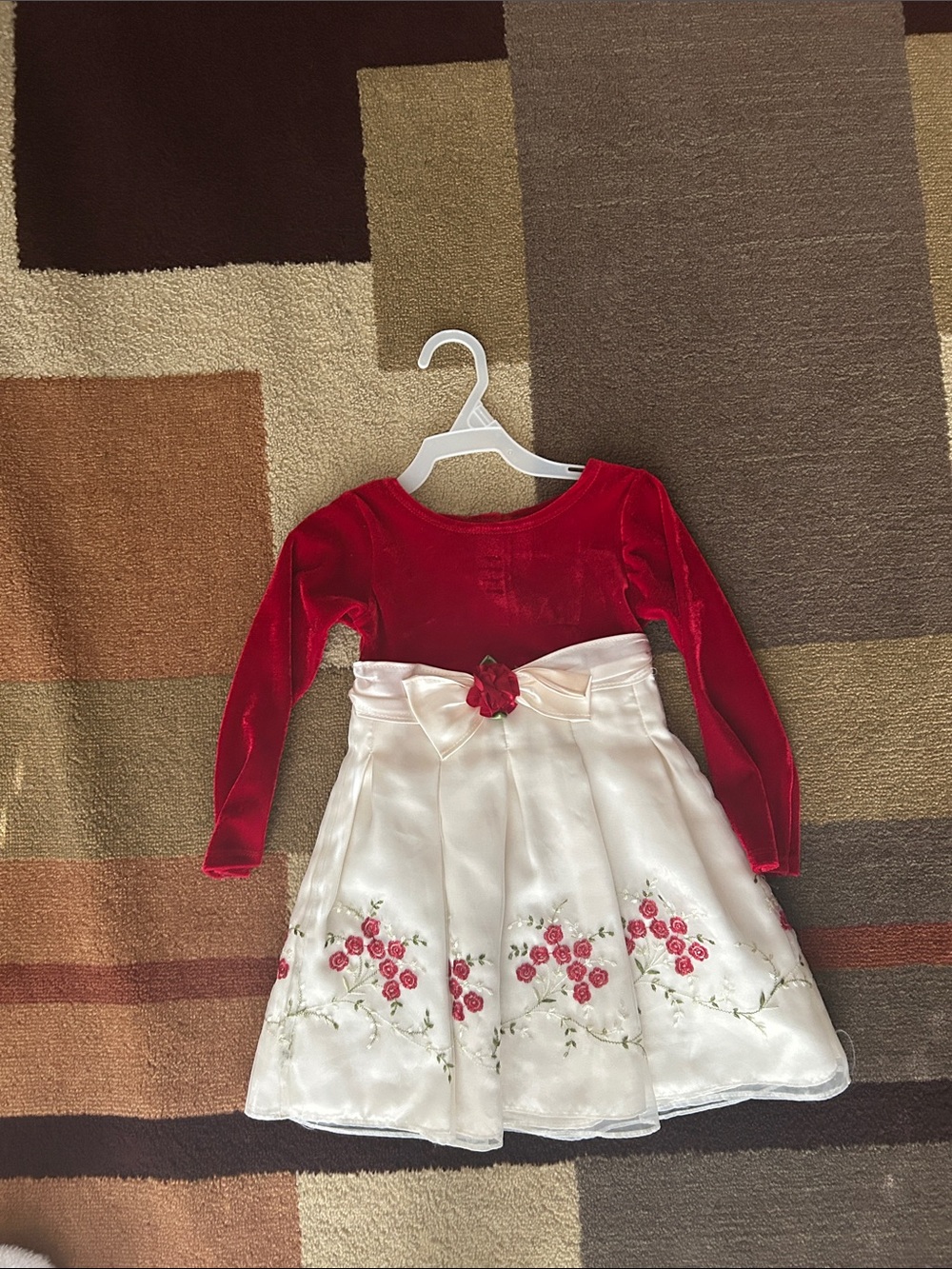 Youngland Red and White Floral Satin & Velvet Holiday Dress